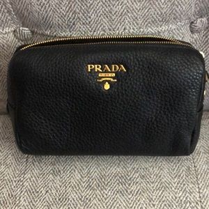 Black Textured Grain Leather Metal Cosmetic Bag